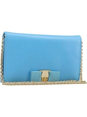 Salvatore Ferragamo Vala Chain Shoulder Wallet Leather Blue Gold